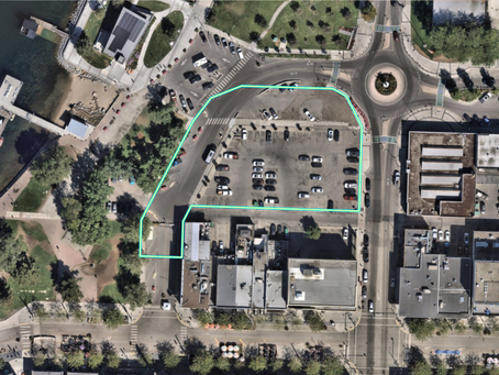 Aerial view of 289 Queensway. Kelowna