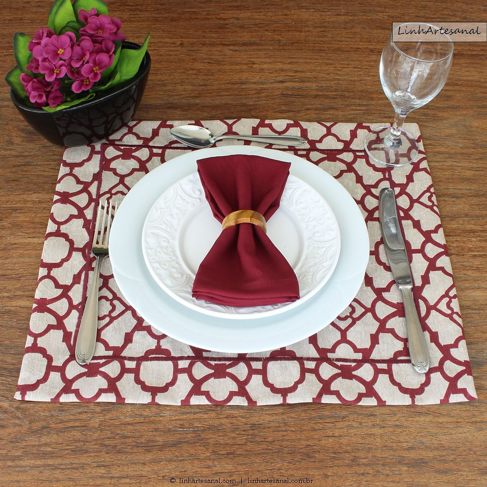 Miniatura: Jogo Americano Jacquard Bege e Vinho Arabesco Barra Bordada