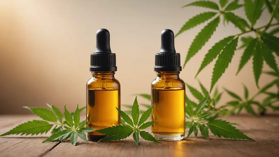 Eye-level view of a high-quality CBD oil bottle with a dropper
