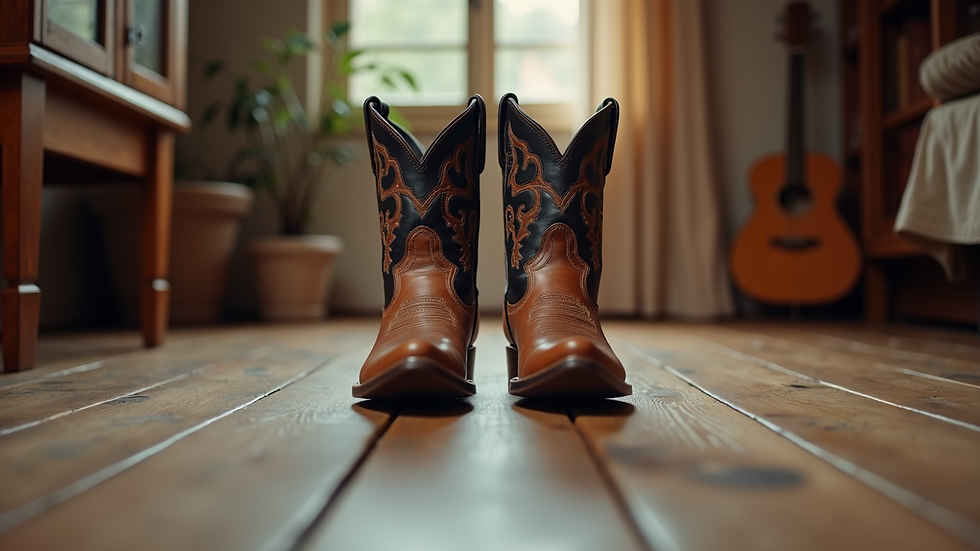 Eye-level view of a pair of stylish cowboy boots on a wooden floor