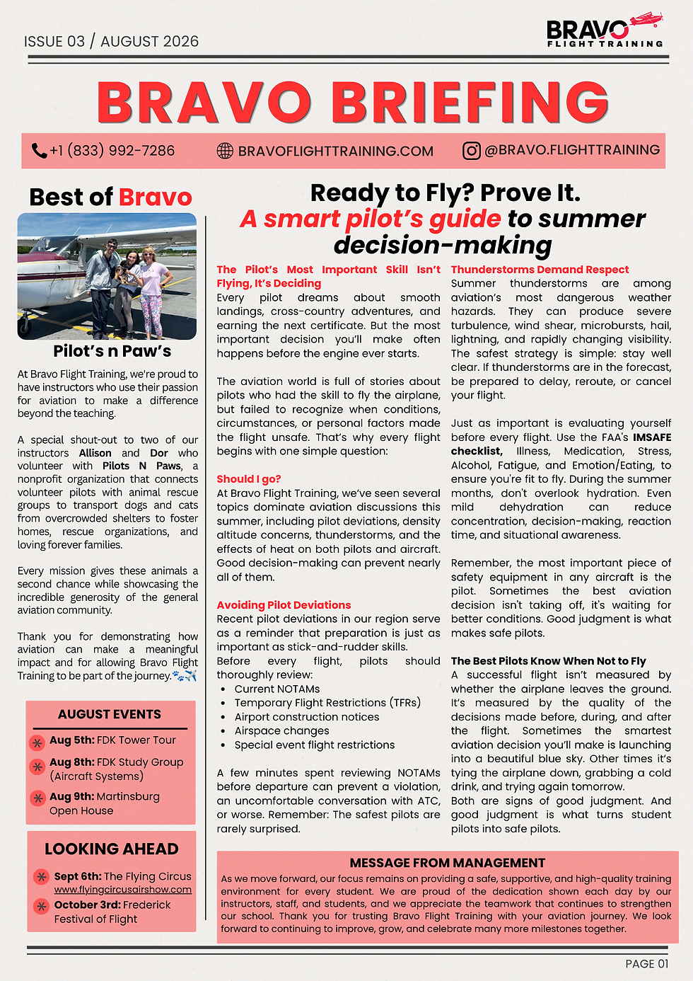 Bravo Flight Training August 2026 newsletter cover "Bravo Briefing" with aviation tips and a smart pilot's guide to summer decision-making