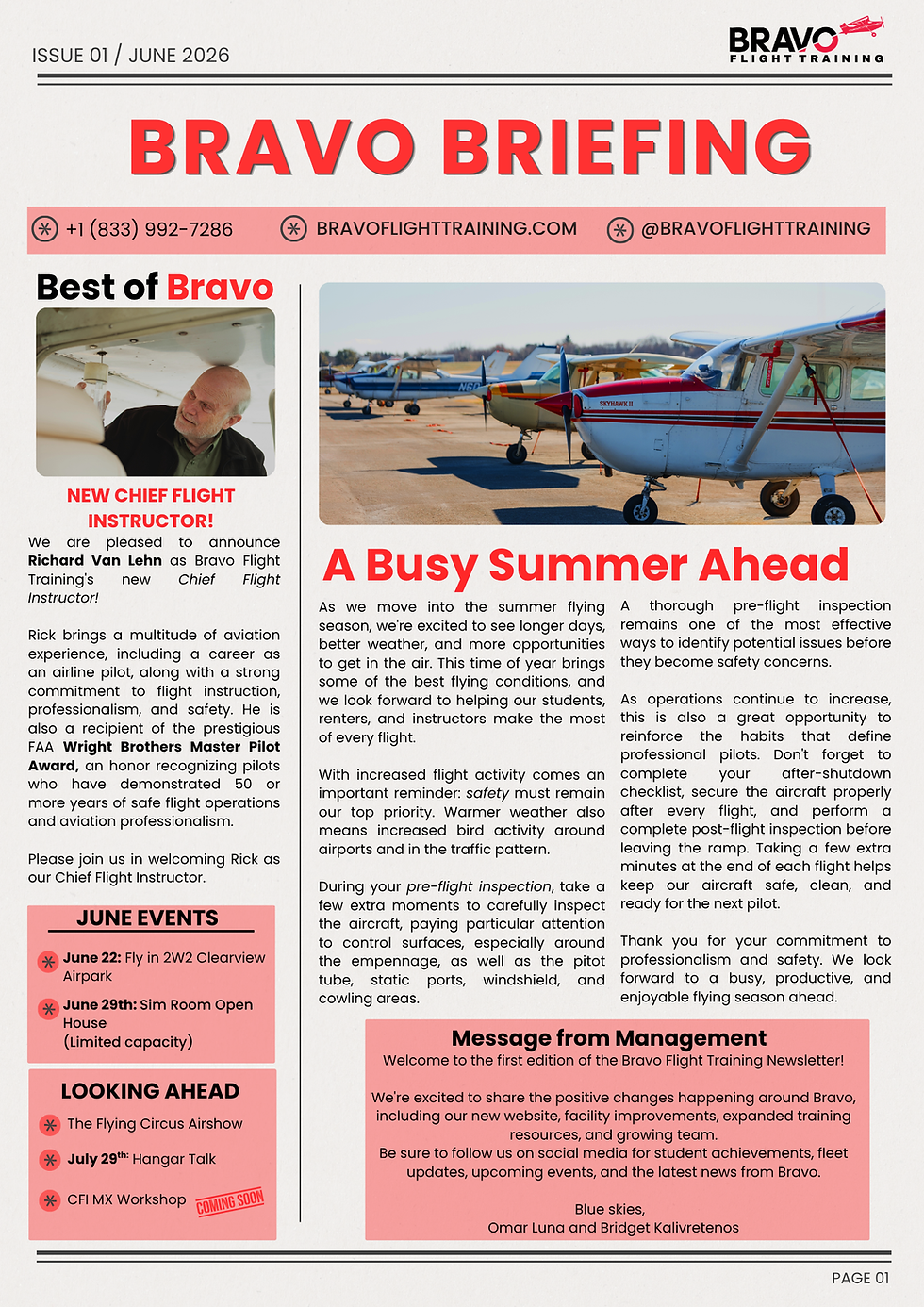 Bravo Flight Training June 2026 newsletter cover "Bravo Briefing" about a busy summer ahead