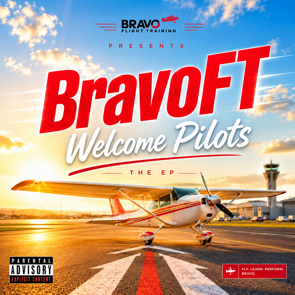 Cover art for the BravoFT podcast episode "Welcome Pilots: The EP" showing an airplane at an airport at sunset with a vinyl record in the background