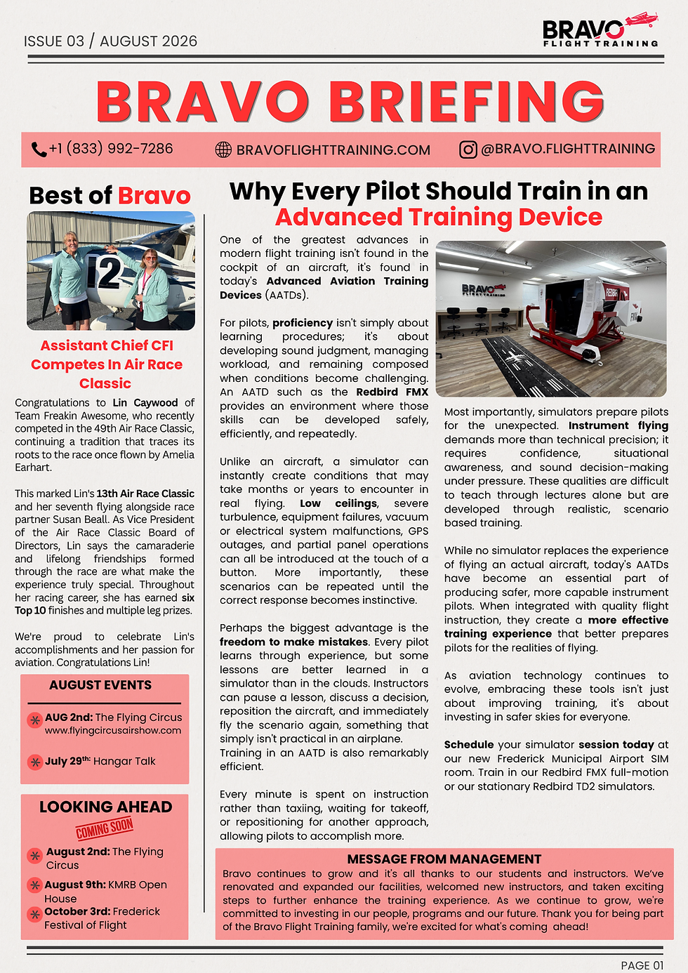 Bravo Flight Training July 2026 newsletter cover "Bravo Briefing" highlighting advanced training exercises