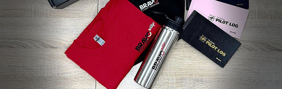 Bravo Flight Training Starter package items: branded t-shirt, water bottle, and pilot logbook