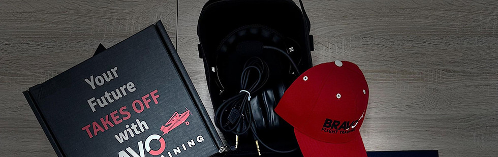 Bravo Flight Training Premium package items: headset, cap, t-shirt, water bottle, and two pilot logbooks