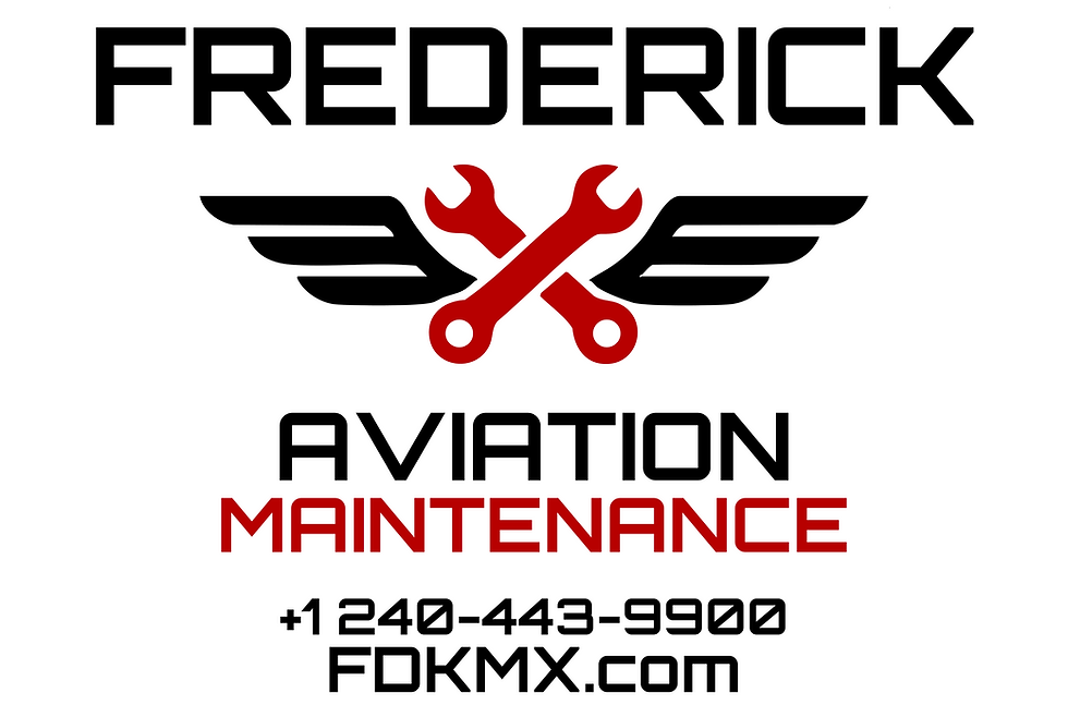Frederick Aviation Maintenance hangar sign with logo, phone number, and website, seen behind an aircraft on the ramp