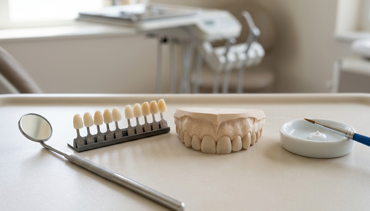 Eye-level view of a dental mirror beside natural tooth shade tabs
