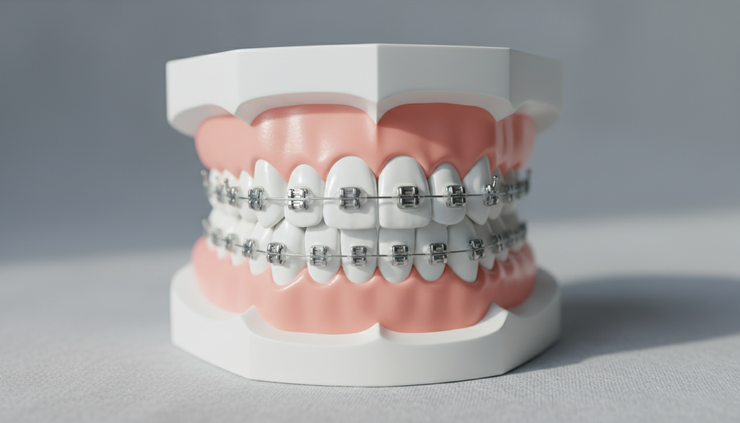 Eye-level view of a dental model with metal braces showing aligned front teeth