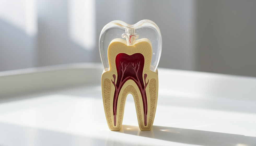 Close-up view of a tooth cross-section model showing the pulp and root canals