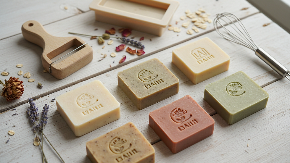 High angle view of a collection of handmade soaps with various stamped logos