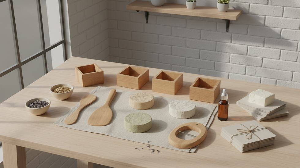 High angle view of a soap-making workstation with handmade tools