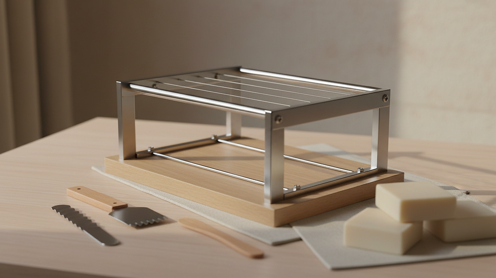Eye-level view of adjustable multi-bar soap cutter on a wooden table
