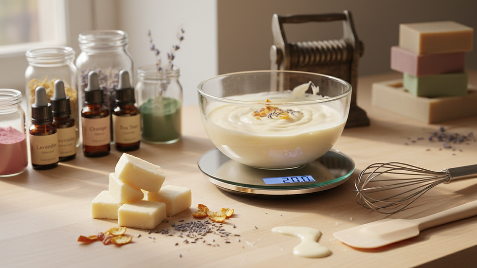 Close-up view of digital scale and soap making ingredients on a kitchen counter
