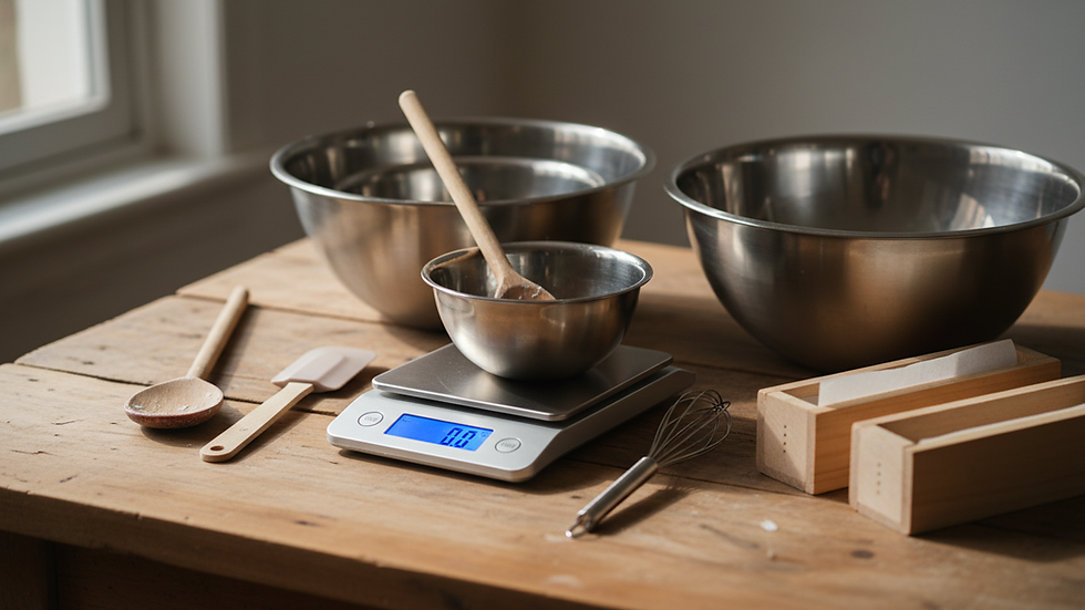 Close-up view of stainless steel mixing bowls and digital scale on a wooden table