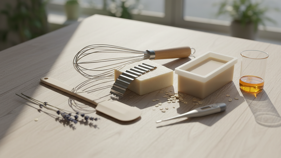 Eye-level view of soap making tools arranged on a wooden table