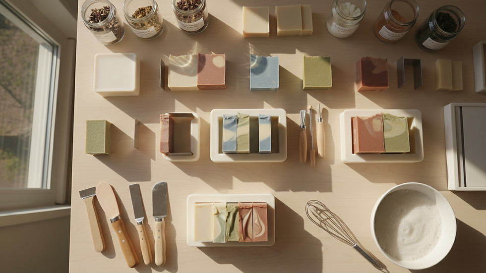 High angle view of a soap-making workspace with soap angle pour tools and colorful soap bars