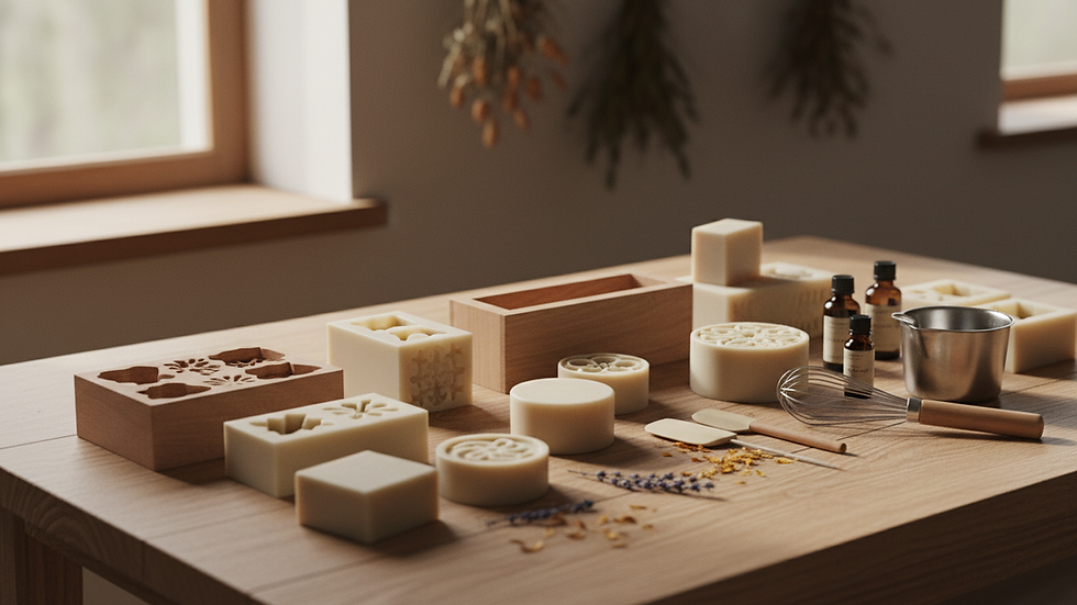 Close-up view of handmade soap molds on a wooden table