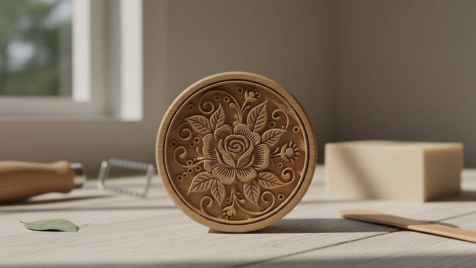 Close-up view of a wooden soap stamp with a floral design