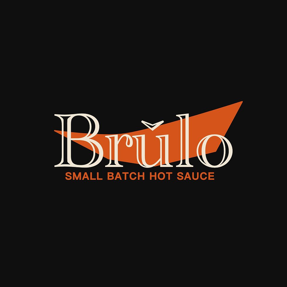 Minimalist vector logo for Brūlo Hot Sauce featuring bold, modern typography on a dark background.