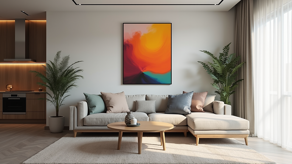 Eye-level view of a vibrant art piece displayed in a modern living room