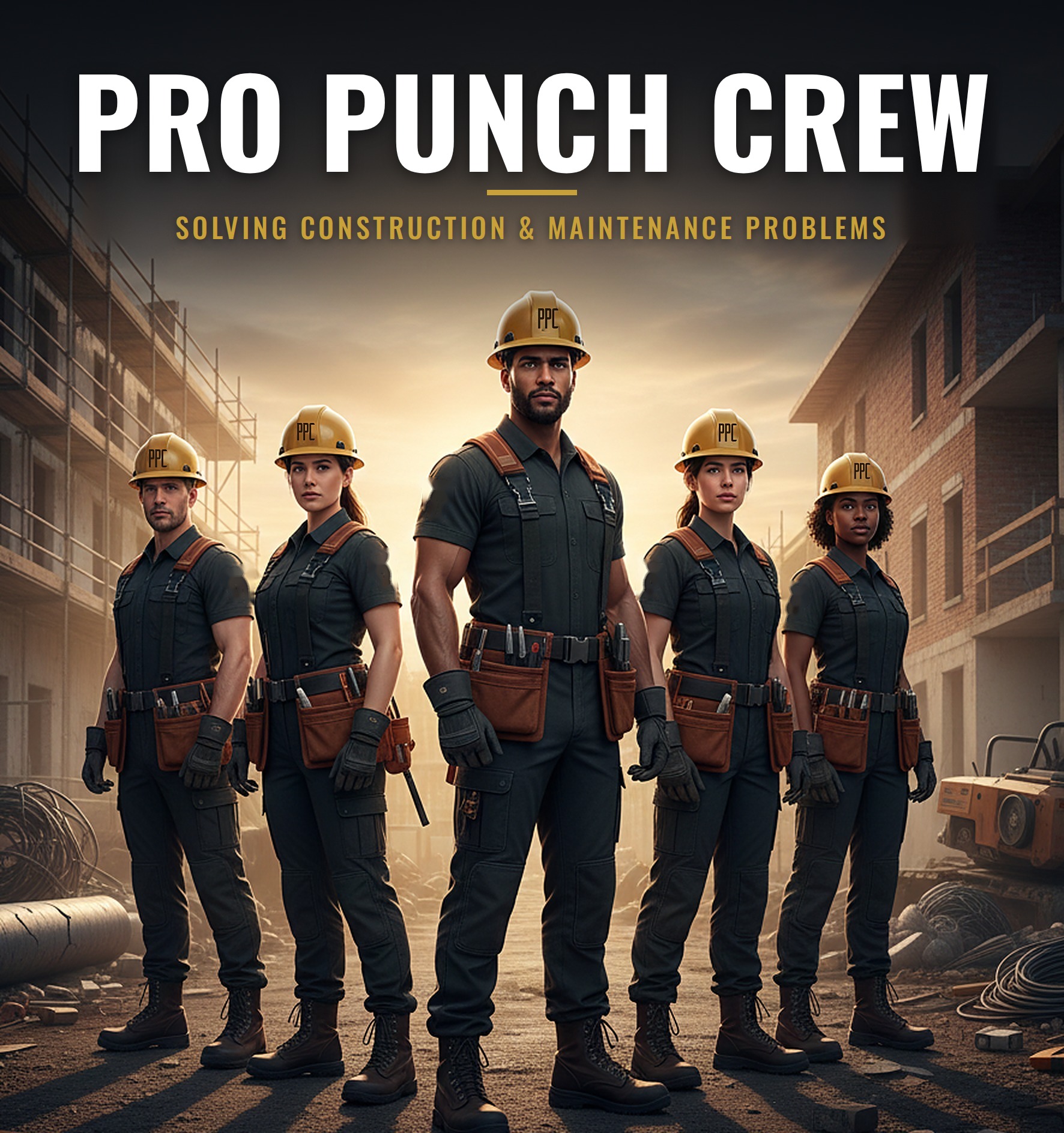 Pro Punch Crew: five crew members in hard hats and tool belts under the title Pro Punch Crew, Solving Construction and Maintenance Problems