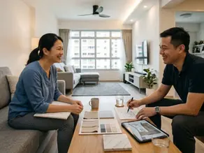 Homeowner is discussing for her Singapore condo renovation with an interior designer from Cosmos Decor, surrounded by floor plans and samples.