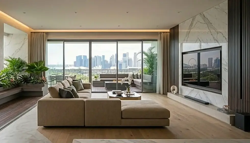 Modern, airy living space with high-end finishes, demonstrating the professional condo renovation services provided by renovation contractor Singapore, Cosmos Decor.
