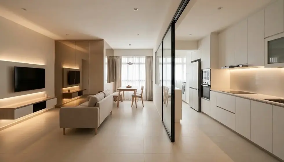 Minimalist open-plan apartment design in Singapore featuring a cozy living area, contemporary kitchen, and built-in storage solutions, crafted by Cosmos Decor renovation experts.