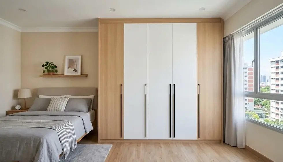 Full height built in laminate wardrobe with sliding doors in a modern Singapore bedroom renovation by Cosmos Decor