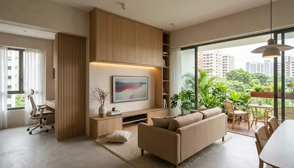 Bright living room with integrated carpentry and balcony view, a perfect example of condo renovation by renovation contractor Singapore, Cosmos Decor.