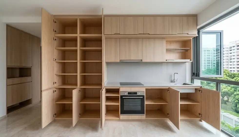 Interior view of a high-quality renovation project in a Singapore home, showing a built-in kitchen by Cosmos Decor with light wood carpentry, open storage shelves, an oven, and a scenic view of other buildings through the large, open window.