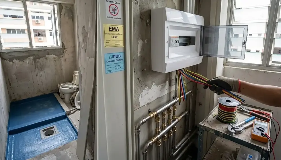 Cosmos Decor installing a new DB box and bathroom waterproofing for a Singapore HDB renovation.