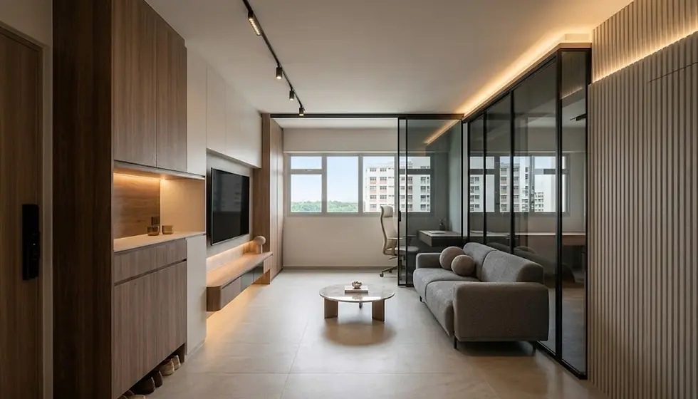 Cosmos Decor's space-maximizing modern contemporary interior design for a compact Singapore home renovation for 3-room HDB. The living area is unified by continuous built-in carpentry and fluted paneling, featuring a glass study partition that reflects light and views, making the narrow layout feel expansive.