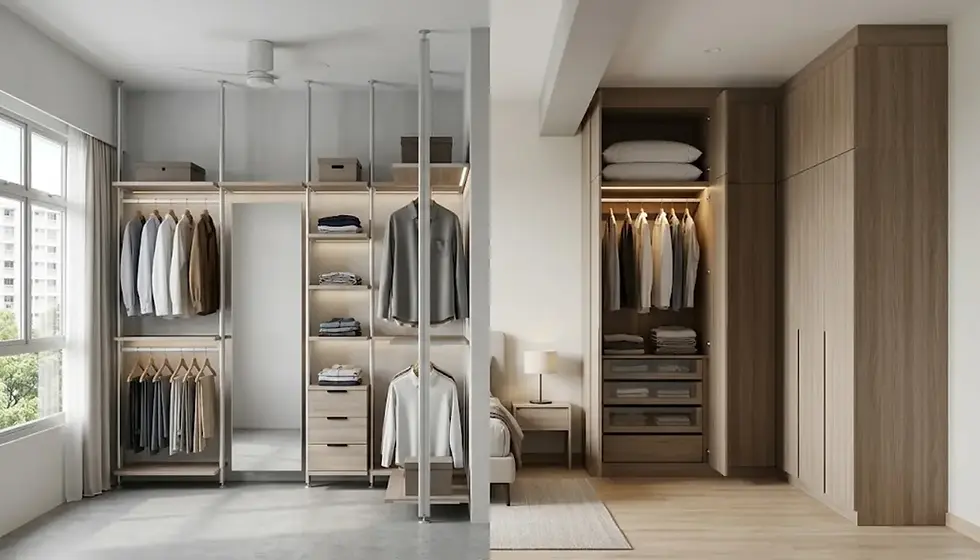Split view comparison of a modular pole system wardrobe on the left and a full-height built-in wood laminate carpentry wardrobe on the right by Cosmos Decor
