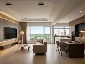 An inviting open-plan living and dining area in a Singapore HDB, exhibiting a sleek modern contemporary interior design and renovation executed by Cosmos Decor. The view flows from the comfortable sofa and coffee table toward a dining setup, all set against elegant, warm-lit feature walls and large windows.