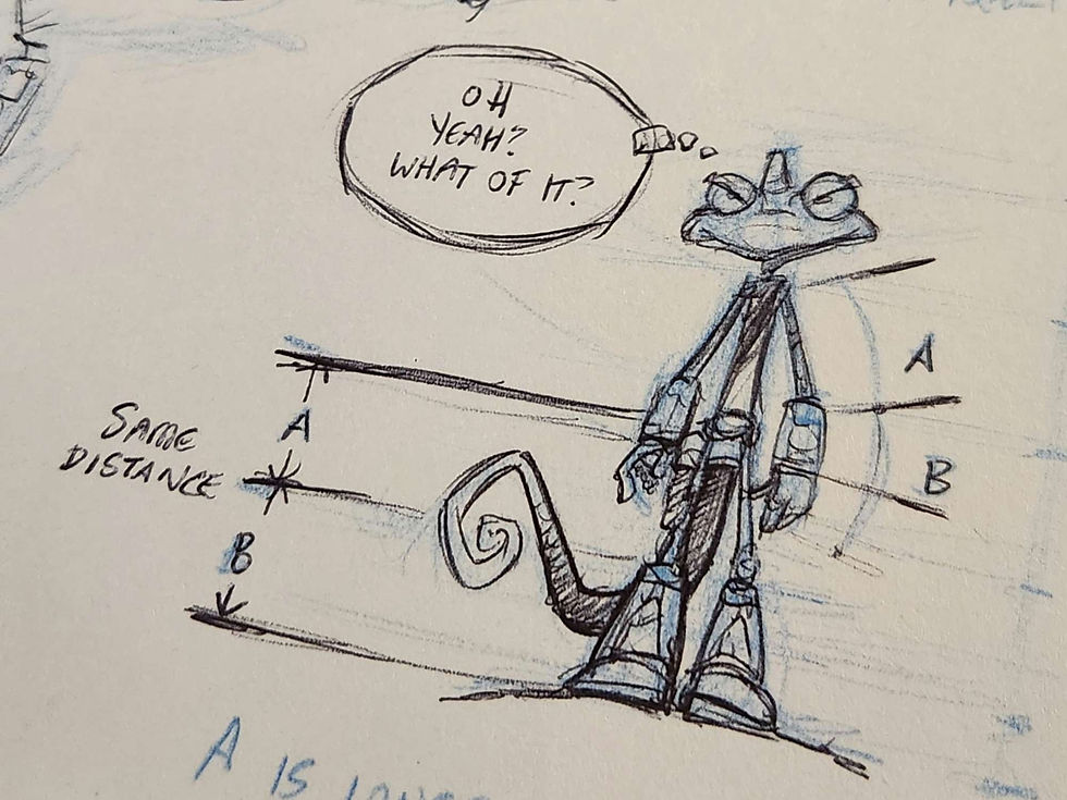 A sketch of Space Lizard, a character design in progress by Jenn Maynard