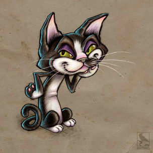 A cute and witty cat named Jaz sits in a thoughtful pose. Jaz is Zot the Robot's sidekick and was designed  and digitally painted by Jenn Maynard.