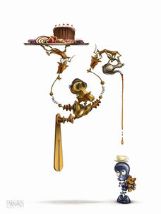 Digital painting of a stoic Butler‑bot serving tea to a small young robot hugging a glowing teddy bear.