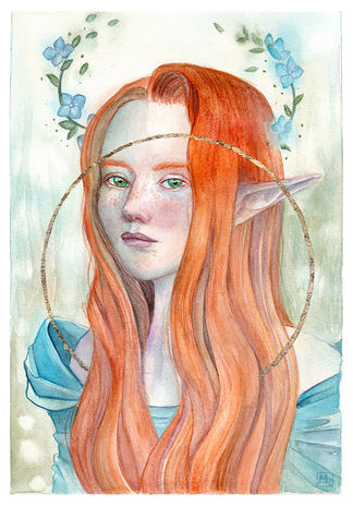 Jeune elfe rousse délicate à l'aquarelle au cercle d'or 