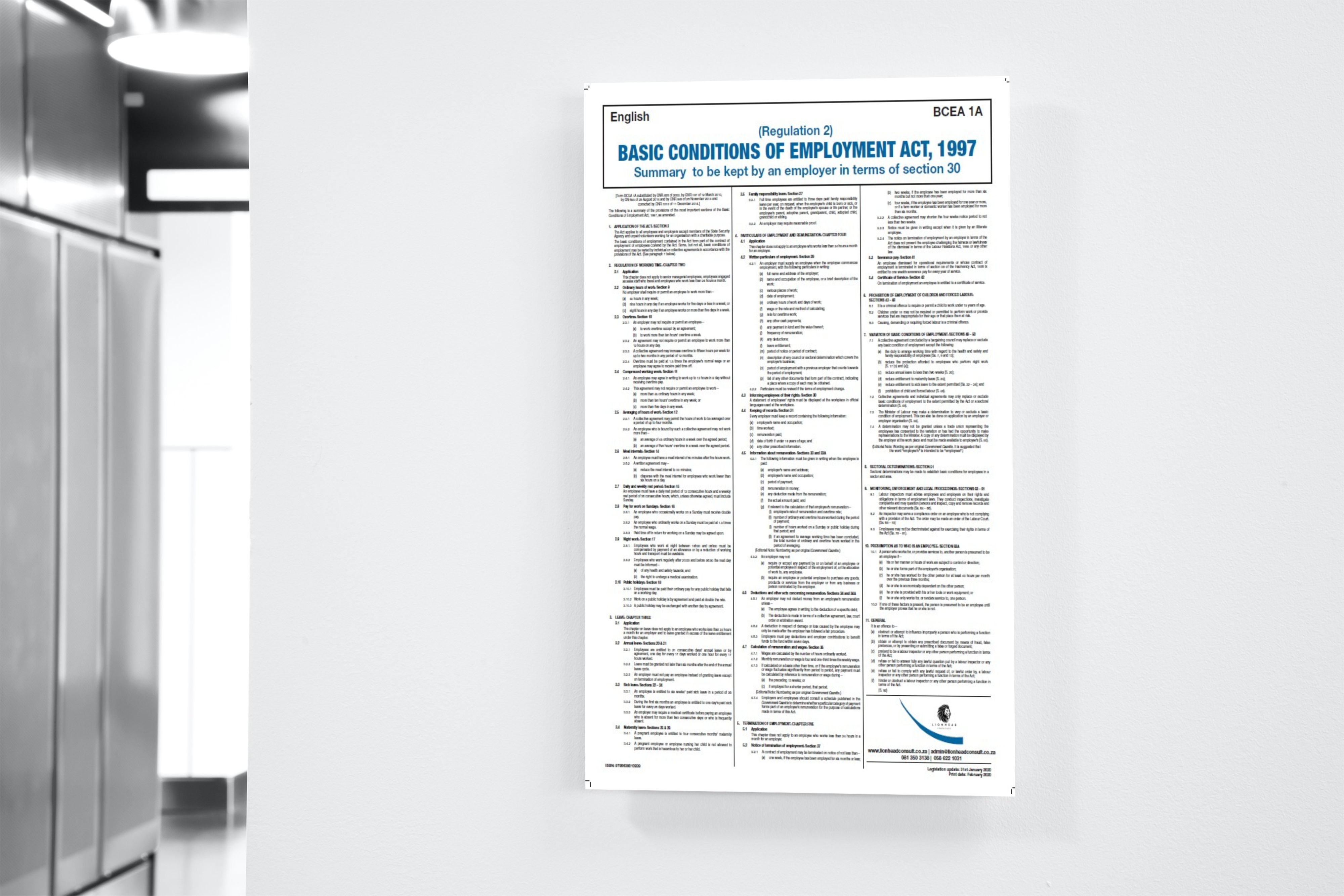 Basic Conditions of Employment Act (BCEA) Wall Chart