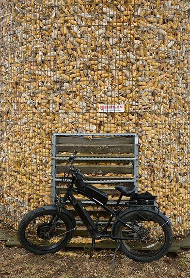 Left: An electric bicycle parked in front of a corn crib, a tall wall of corn behind a metal fence.