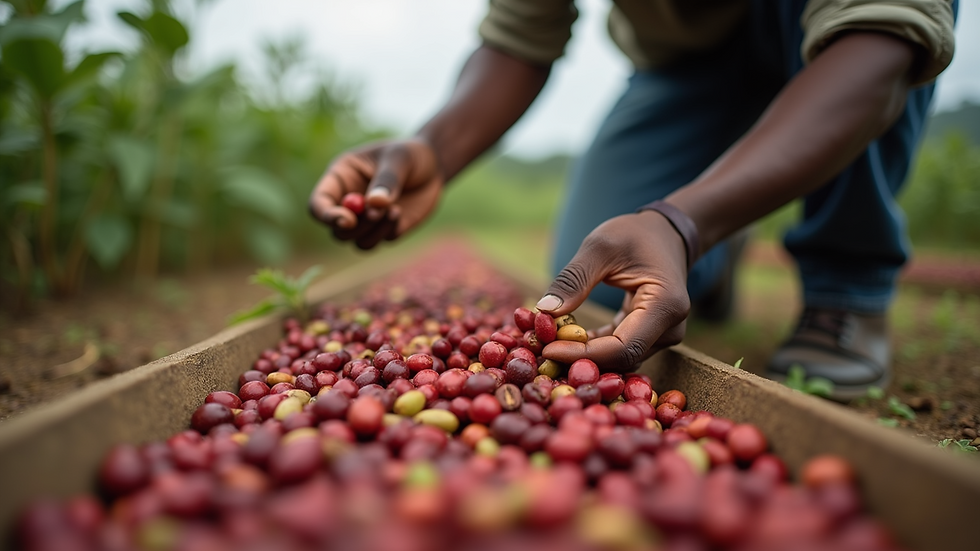 Eye-level view of a farmer examining coffee beans in a field