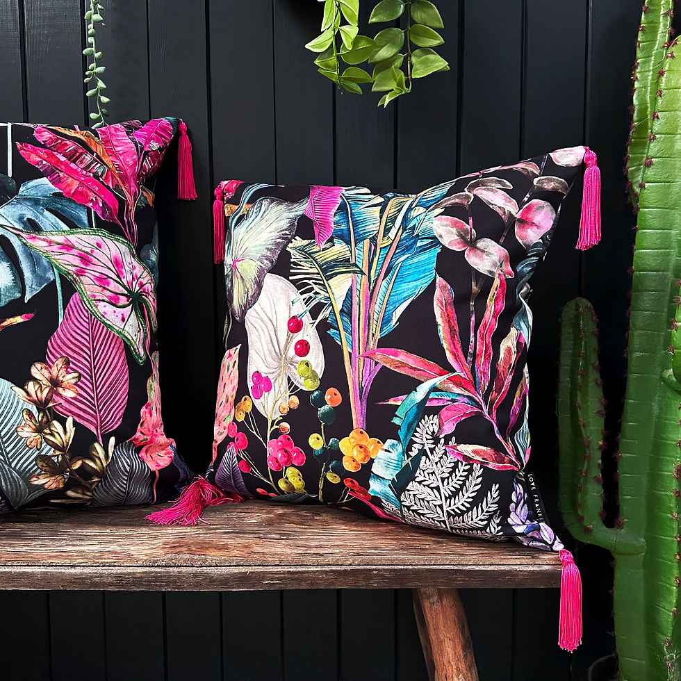Thumbnail: Acid Jungle Trippy Tropical Lampshade With Hot Pink Fringing.