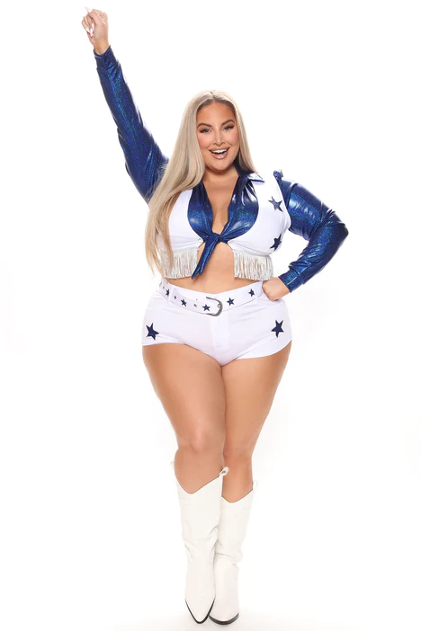 Dallas Cowboys Cheerleader Costume Available In Blue/combo 5 Piece Halloween Costume Set Pair With White Knee High Boots For The Perfect Look! Long Sleeve Tie Front Top Rhinestone Fringe Detail Vest With Star Details Included High Waisted Shorts Belt Included Final Sale 90% Polyester 10% Spandex Exclusive Of Trim Imported
