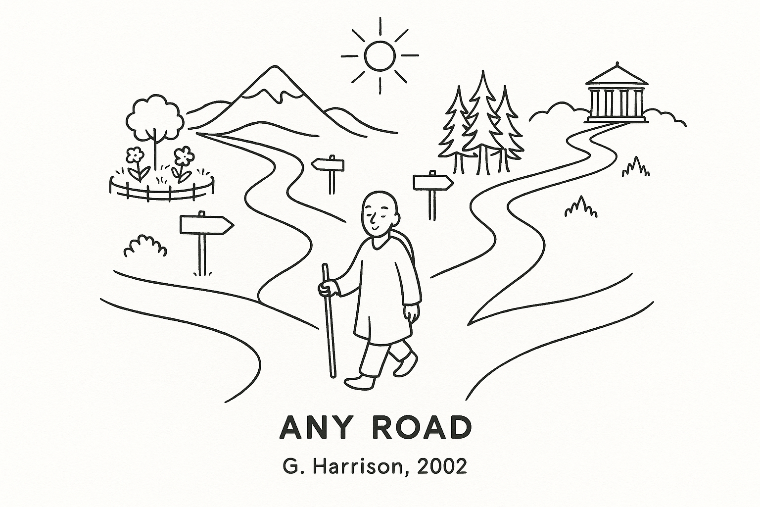 Simple black and white line drawing of multiple winding paths converging toward a single distant mountain peak, with small figures walking different routes - some through forests, others across fields, all heading toward the same destination, minimalist style emphasizing the journey over the destination
