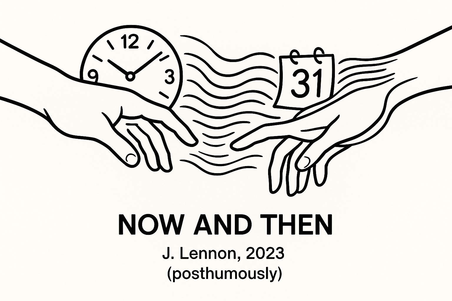 Simple black line drawing of two hands reaching toward each other across time, with subtle clock or calendar elements dissolving between them, minimalist style, clean lines, white background, representing connection that transcends physical presence and time