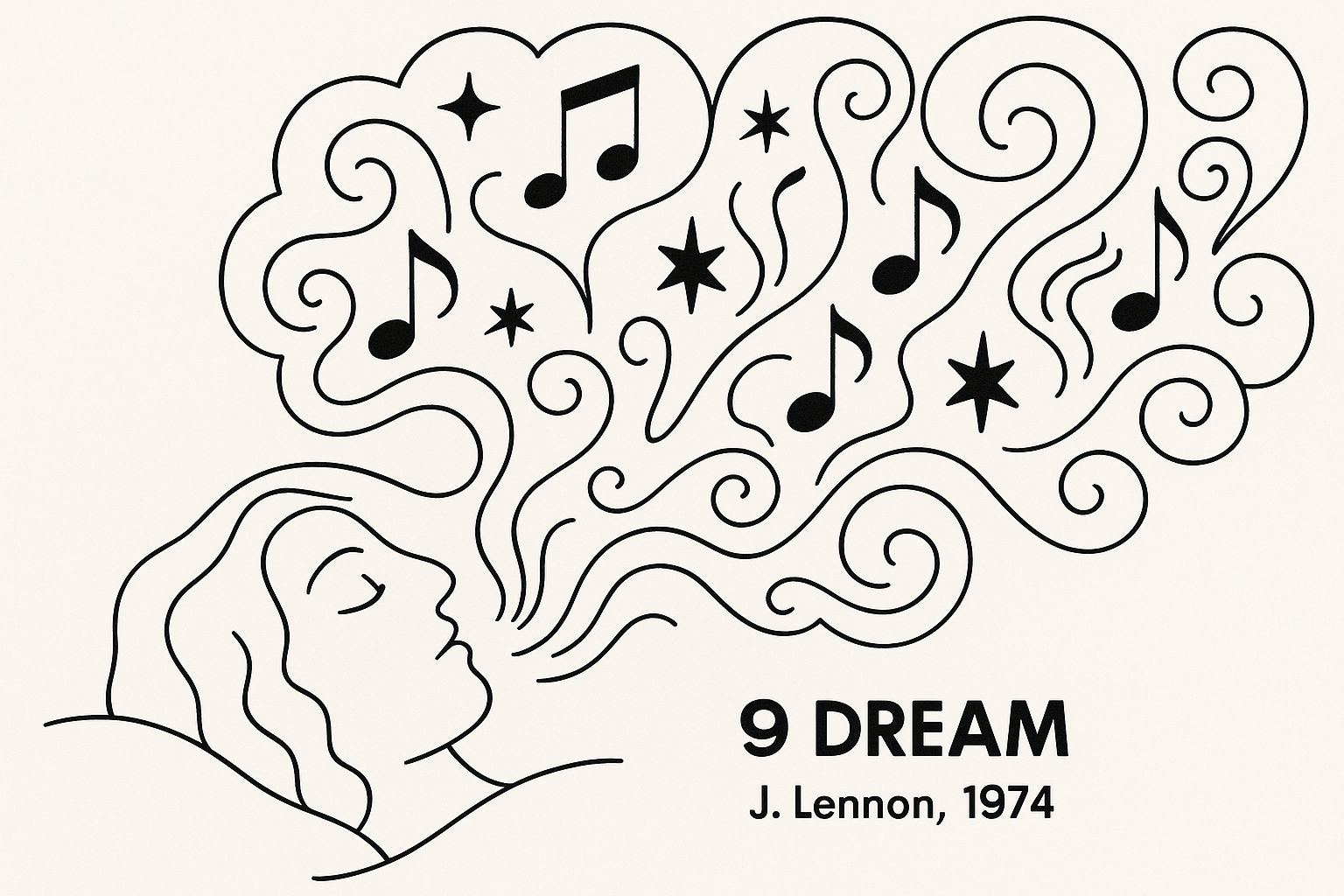 Profile of a sleeping person's head with thought bubbles or dream clouds emerging from their mind, containing musical notes, stars, and abstract symbols. Swirling, flowing lines suggest the subconscious realm. Dreamlike quality with soft, curved lines. Black and white.