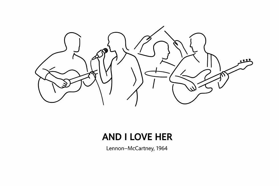 Four distinct silhouettes each contributing to a shared musical arrangement. One with guitar, one at microphone, one with drums (suggested), one with another instrument. The figures should overlap slightly, showing collaboration. Clean line art emphasizing how individual contributions create collective beauty.