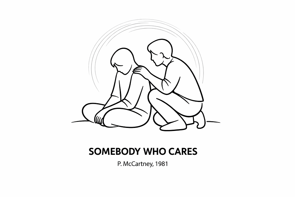 Two simple figures, one seated with head slightly bowed, the other kneeling beside with a hand resting gently on the shoulder, soft circular warmth radiating behind them